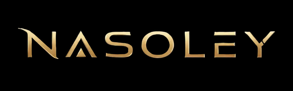 The word 'NASOLEY' appears in large metallic gold letters on a solid black background. curve the edges of the rectangle